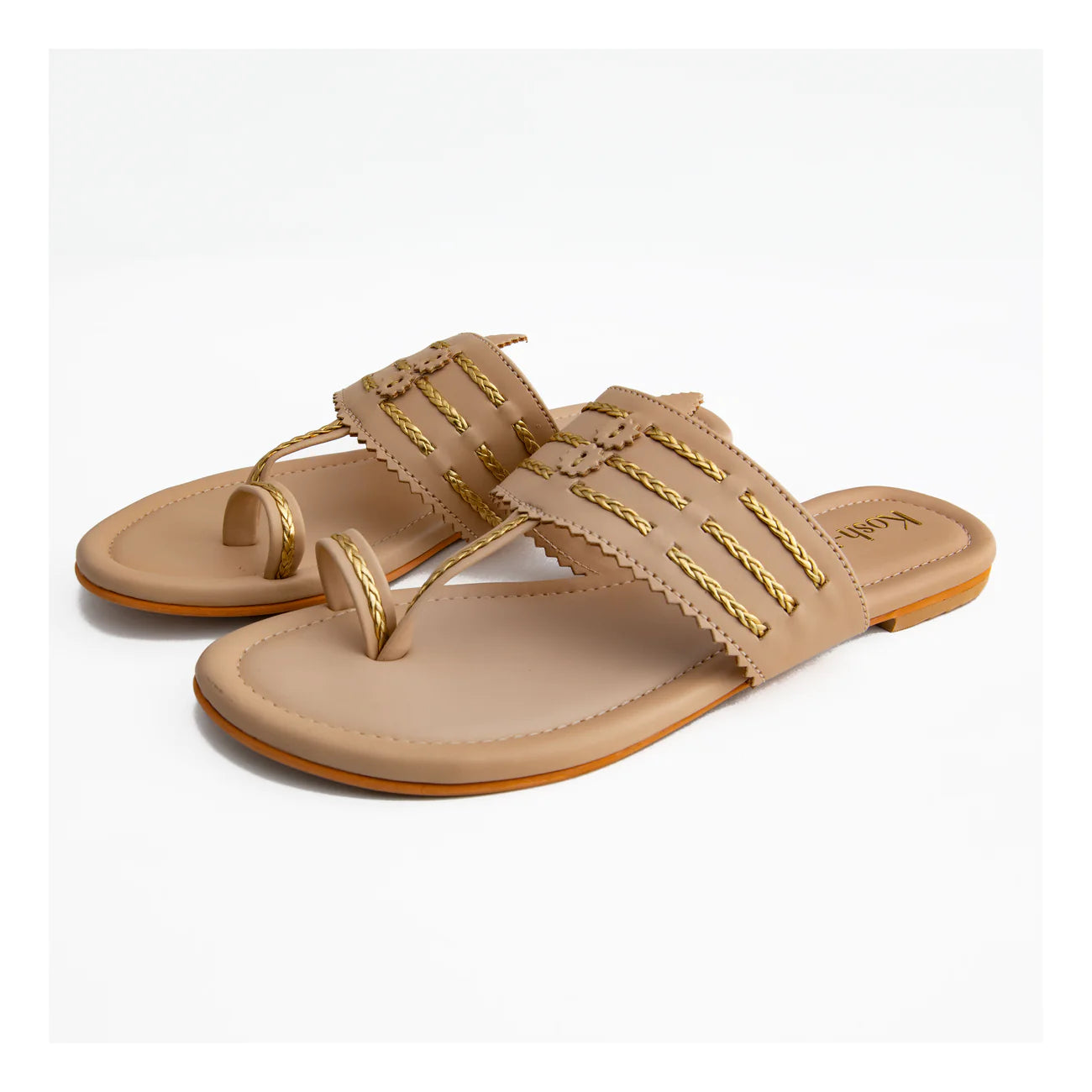 beige and golden flat sandals for women in usa by kosh-a