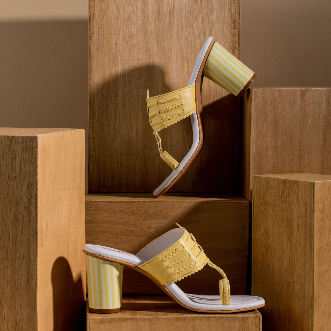 yellow and white block heel sandals